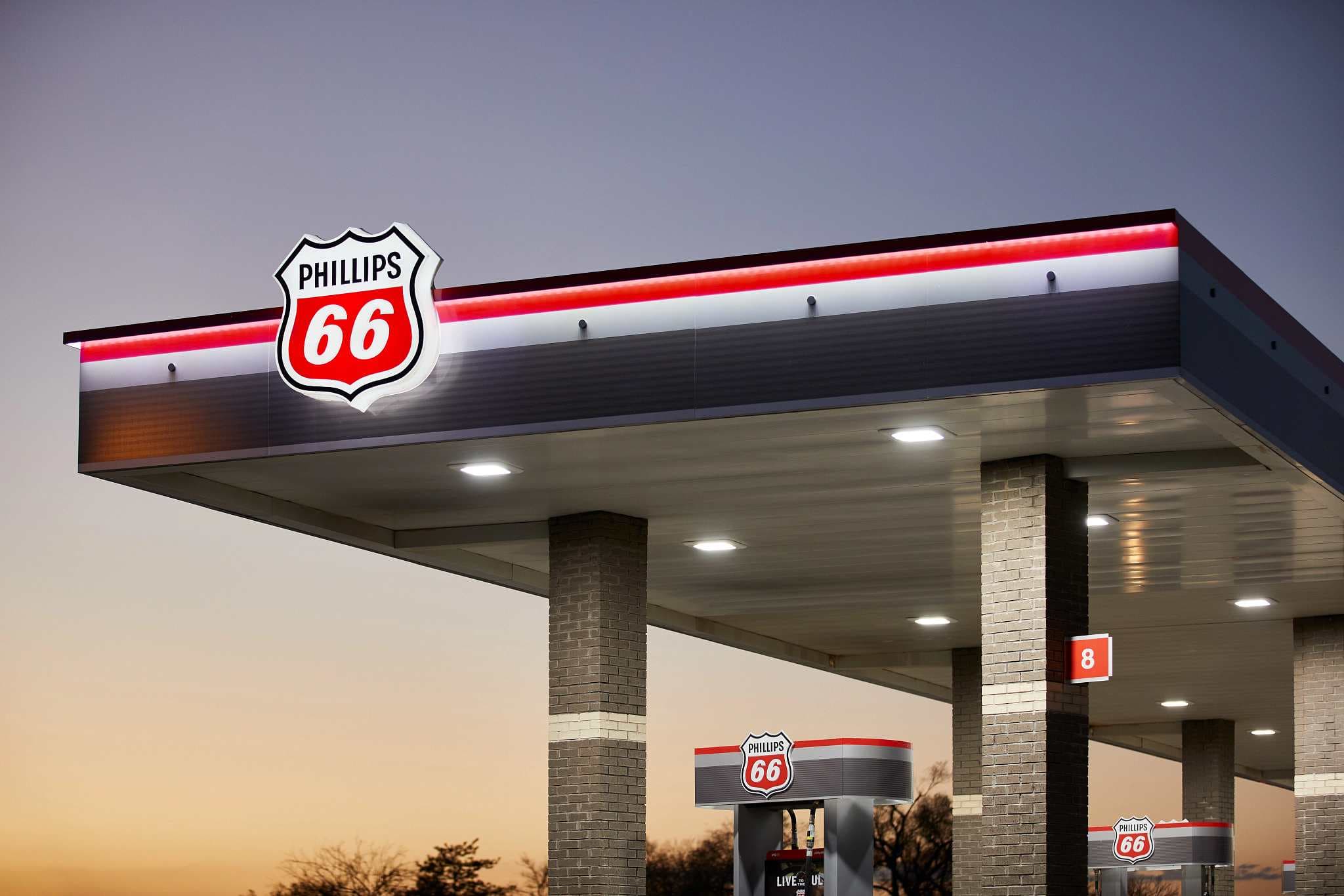 Phillips 66 canopy at dusk.
